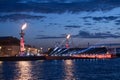 panorama of St. Petersburg, Neva river, Rostral columns with fire, white nights festival, June 24, 2022, St. Petersburg, Russia