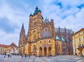 Panorama of St Vitus Cathedral with Great South Tower and mosaic of Last Judgment, Prague, Czech Republic Royalty Free Stock Photo