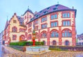 Panorama of State Archives Basel-stadt building with Sevogel Brunnen fountain in Basel, Switzerland