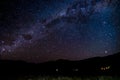 Panorama Starry night Milky way over the mountain. Abel Tasman National Park