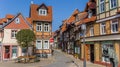 Panorama of a statue in front of colorful houses in Wernigerode