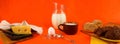 Panorama still life with a jug of milk, egg, cheese and bread Royalty Free Stock Photo