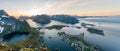 Panorama stitch of three pictures overlooking the city of Reine and Hamnoy in Lofoten, Norway.