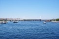 Panorama of the strait. View of the strait, bridge and pleasure ships.