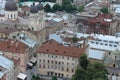 The landscape of the old part of the city of Lviv in Western Ukraine: historic buildings, cathedrals, architectural monuments, pav Royalty Free Stock Photo