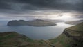 Panorama of Streymoy and Vagar islands with clouds at sunset, Faroe Islands, from the viewpoint at the Sornfelli Observatory.