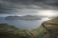 Panorama of Streymoy and Vagar islands with clouds at sunset, Faroe Islands, from the viewpoint at the Sornfelli Observatory.