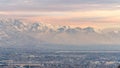 Panorama Stunning Wasatch Mountains and Utah Valley with houses dusted with winter snow