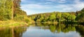 Panorama of the summer landscape on the Bank of the Ural river with forest, Russia, Royalty Free Stock Photo