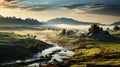 the panorama of a summer landscape with sunrise, fog and the river Royalty Free Stock Photo