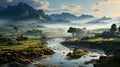 the panorama of a summer landscape with sunrise, fog and the river Royalty Free Stock Photo