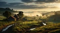 the panorama of a summer landscape with sunrise, fog and the river Royalty Free Stock Photo