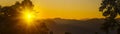 Panorama summer sunset golden cloud summertime light sunny day cloudscape mountain scene. Panoramic sunset golden skyline sun beam