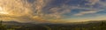 Panorama summer sunset golden cloud summertime light sunny day cloudscape mountain scene. Panoramic sunset golden skyline sun beam