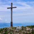 Panorama with Summit Cross on Hochries, 1596 m in Chiemgauer Alps, Ostalpen, located in Samerberg, Upper Bavaria, Germany
