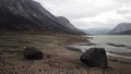 Panorama of Summit lake in the remote arctic wilderness of Baffin Island, Nunavut, Canada. Akshayuk pass hike in