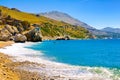 Panorama of sunny day at Preveli beach, Crete island, Greece. Royalty Free Stock Photo