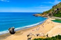 Panorama of sunny day at Preveli beach, Crete island, Greece. Royalty Free Stock Photo