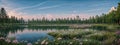panorama of sunrise lake in morning forest wetland. AI generated Royalty Free Stock Photo