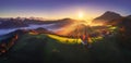 Aerial sunrise view of Saint Tomas church, Slovenia. Natural panorama.