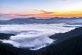 Panorama with sunrise. Landscape with high mountains. Morning fog. Natural scenery Royalty Free Stock Photo