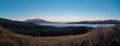 Panorama of sunrise with mountain Fuji view from Panorama Dai view point, Lake Yamanaka, Japan Royalty Free Stock Photo