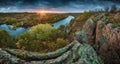 Panorama of sunrise over the autumn river