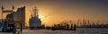 Panorama of a sunrise in the port of Hamburg Royalty Free Stock Photo