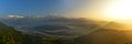 Panorama sunrise view of Annapurna & Himalaya mountain ranges from Sarangkot, Nepal Royalty Free Stock Photo