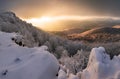 Panorama sunset colored sky winter snow clouds in Slovakia nature landscapes. Mountain sunset sky zoom in peak Vapenna frost