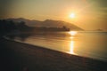 Panorama of sunset on Koh Pha Ngan island, Thong Sala beach, Thailand Royalty Free Stock Photo