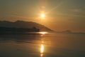 Panorama of sunset on Koh Pha Ngan island, Thong Sala beach, Thailand Royalty Free Stock Photo