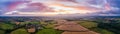 Panorama of Sunset over Berry Pomeroy Meadows and Fields from a drone, Devon, England Royalty Free Stock Photo