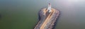 Panorama sunset over Lighthouse at East Wharf on Lake Hefner, Oklahoma City, Oklahoma, USA in aerial view Royalty Free Stock Photo