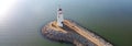 Panorama sunset over Lighthouse at East Wharf on Lake Hefner, Oklahoma City, Oklahoma, USA in aerial view Royalty Free Stock Photo