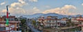 Panorama of sunset Pokhara in the Rambazar district, on the background of the Himalayan ridge with the majestic