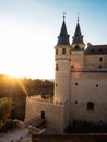 Panorama sunset view of historic medieval castle palace fortress tower Alcazar of Segovia Castile and Leon Spain Europe Royalty Free Stock Photo
