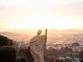 Panorama sunset view of lady figure statue on stairway of Bom Jesus do Monte sanctuary in Tenoes Braga Minho Portugal Royalty Free Stock Photo