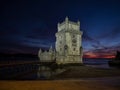 Panorama sunset view of medieval historic defense fortification bastion Torre Belem Tower in Tagus river Lisbon Portugal Royalty Free Stock Photo