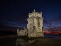 Panorama sunset view of medieval historic defense fortification bastion Torre Belem Tower in Tagus river Lisbon Portugal