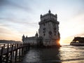 Panorama sunset view of medieval historic defense fortification bastion Torre Belem Tower in Tagus river Lisbon Portugal