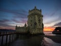 Panorama sunset view of medieval historic defense fortification bastion Torre Belem Tower in Tagus river Lisbon Portugal