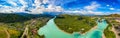 Panorama Suspension bridge Blue Katun river Altai mountains republic Russia, aerial top view