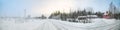 Panorama of Swedish farm on misty winter day Royalty Free Stock Photo