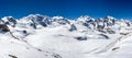 Panorama of Swiss Alp mountains ridge of Diavolezza with sumit group Royalty Free Stock Photo