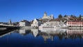 Panorama of the Swiss old town Schaffhausen in winter Royalty Free Stock Photo