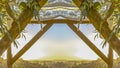 Panorama Symmetrical display of a Chuppah in flowers in circular arrangement at wedding in California