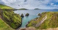 Panorama of tall cliffs, turquoise water and islands at Dunquin Pier, Dingle