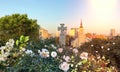 Panorama of Tallinn Freedom Square from the hill of the old town the roofs of churches and the freedom monument to the rosebush at