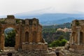 Panorama of Taromina from ancient greek theater, mount Etna in background, Sicily Royalty Free Stock Photo